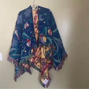 Holiday themed blanket cardigan With Fringe - Multicolor- Ornaments- One Size